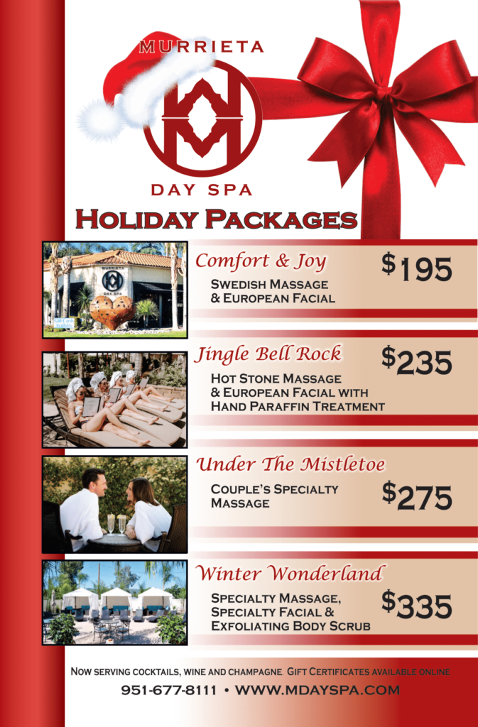 Holiday Packages: Comfort & Joy - Swedish massage & European facial for $195. Jingle Bel Rock - Hot Stone massage & European facial with Hand Paraffin treatment for $235. Under the Mistletoe - Couple's specialty massage for $275. Winter Wonderland - Specialty massage, Specialty facial & exfoliation body scrub for $335.