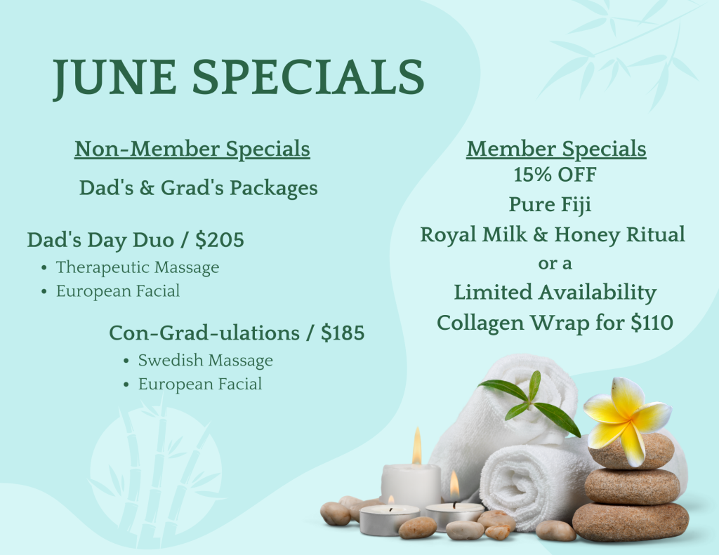 Image of the June Specials. Non Member: Purchase one of our Dad's & Grad's Packages. Members: 15% off Pure Fiji Royal Milk & Honey Ritual or a Limited Availability Collagen Wrap for $110