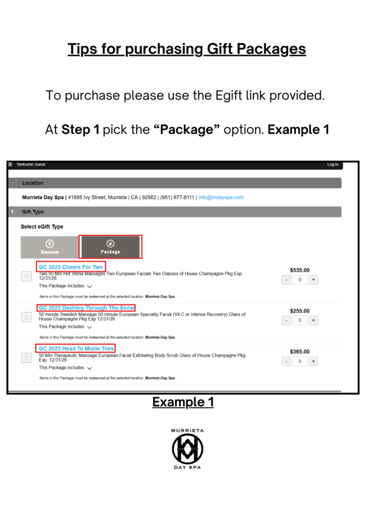 Tips for purchasing Gift Packages To purchase please use the Egift link provided. At Step 1 pick the "Package" option.